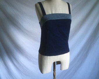 vintage 90s a-list by wrapper dark wash denim two tone blue jean tank top zip back 1990s grunge punk hip hop street wear rave summer style