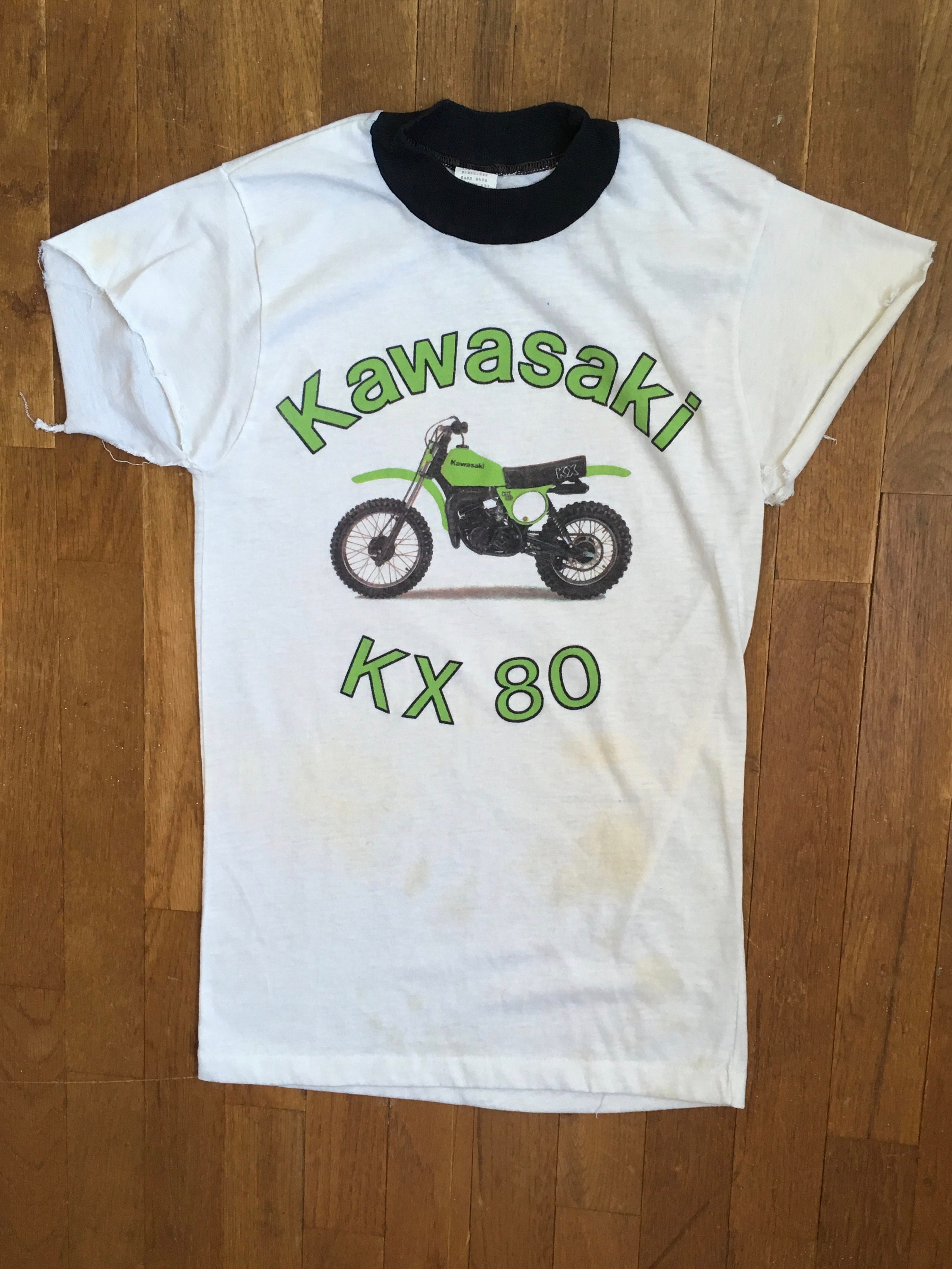 KAWASAKI ヴィンテージ　TEE USA BIKE 70s 80s Vintage 80s Kawasaki Kx Kx80 T Shirt Cut off Sleeves Ringer Tee