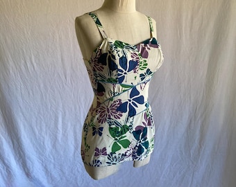 vintage 50s Jantzen swimsuit butterfly print skirted zip back adjustable straps bathing suit one piece made in USA