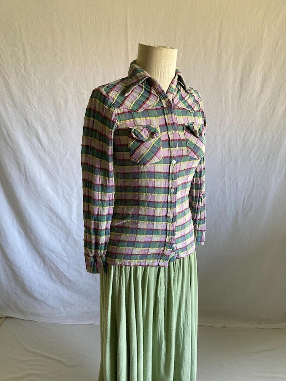 vintage 70s patchwork button up collared chevron … - image 4