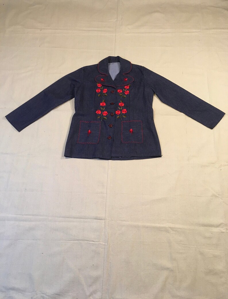 vintage 70s handmade dark wash denim embroidered floral blazer jean jacket image 1