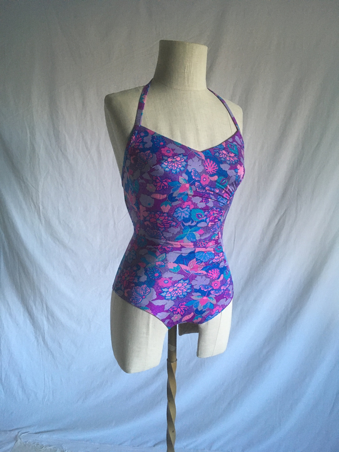 Vintage 70s Jc Penney Purple Pink Side Ruched Bathing Suit Swimsuit