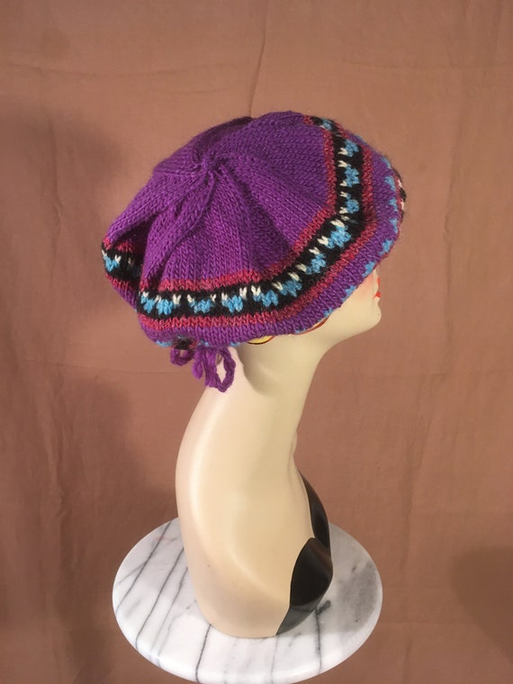 vintage handknit purple red blue black pink beret… - image 6