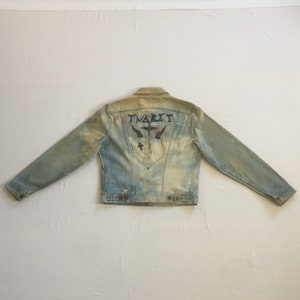 vintage 80s maverick twabit two bit custom hand drawn bleached stone washed distressed blue jean trucker jacket made in usa