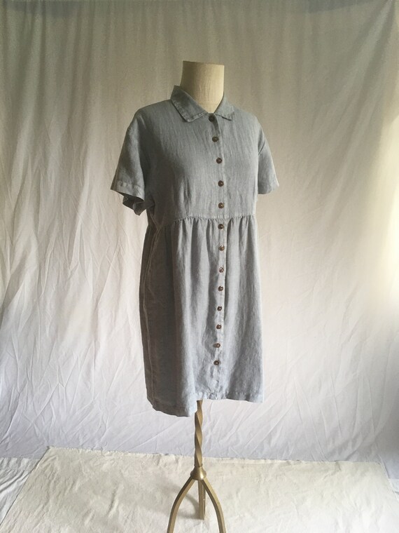 vintage 90s kiko petites babydoll dress grey linen short sleeve high waist lagen look button up baggy mini dress