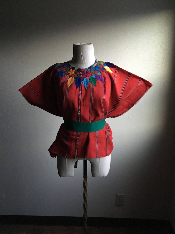 vintage handmade mexican red cotton colorful woven embroidered folk art blouse