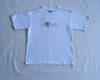 vintage 90s love t shirt aqua blues ss white cotton tee