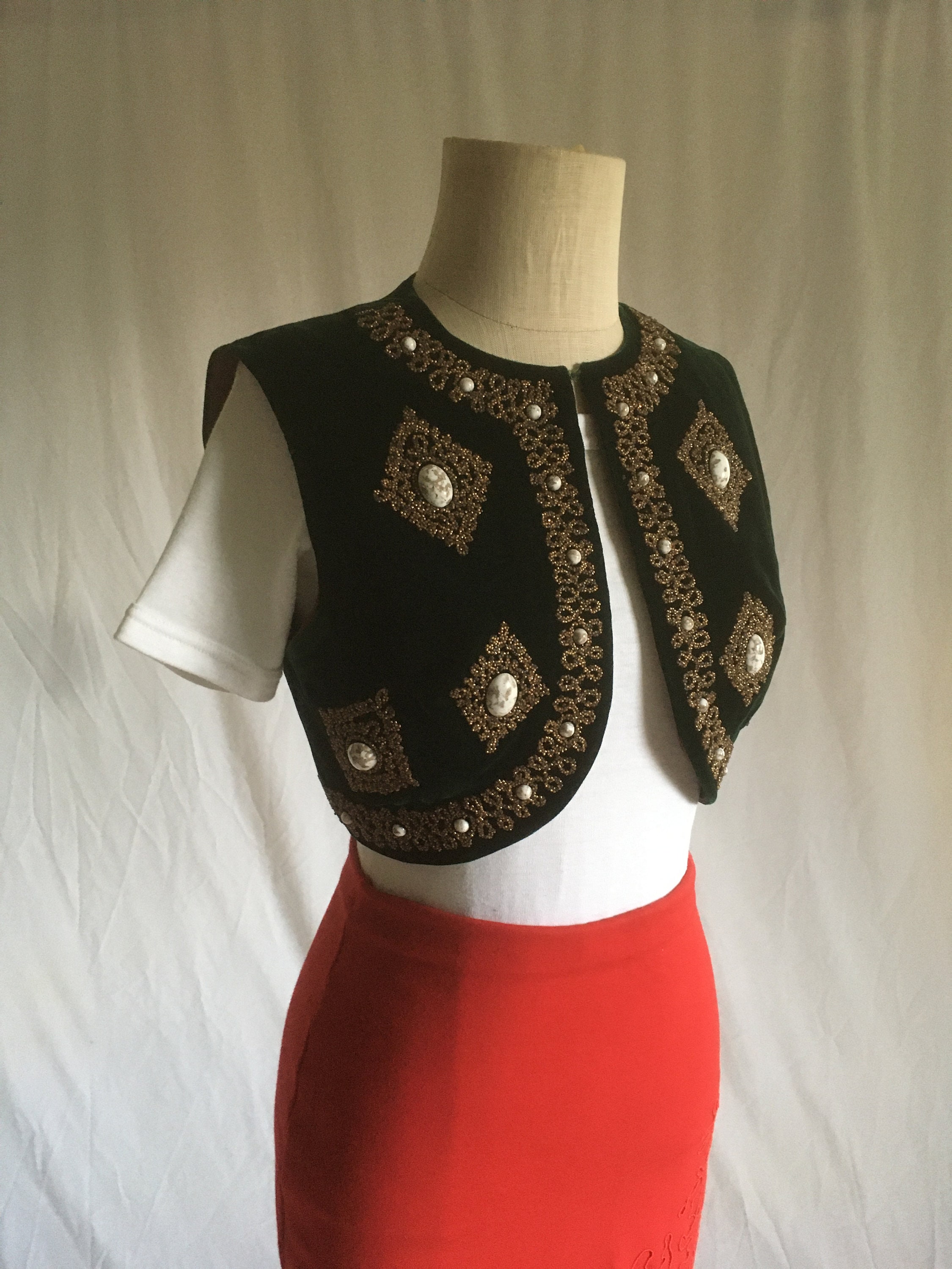 Vintage 40s Green Velvet Bolero Vest Steel Cut Beaded 1940s Boho