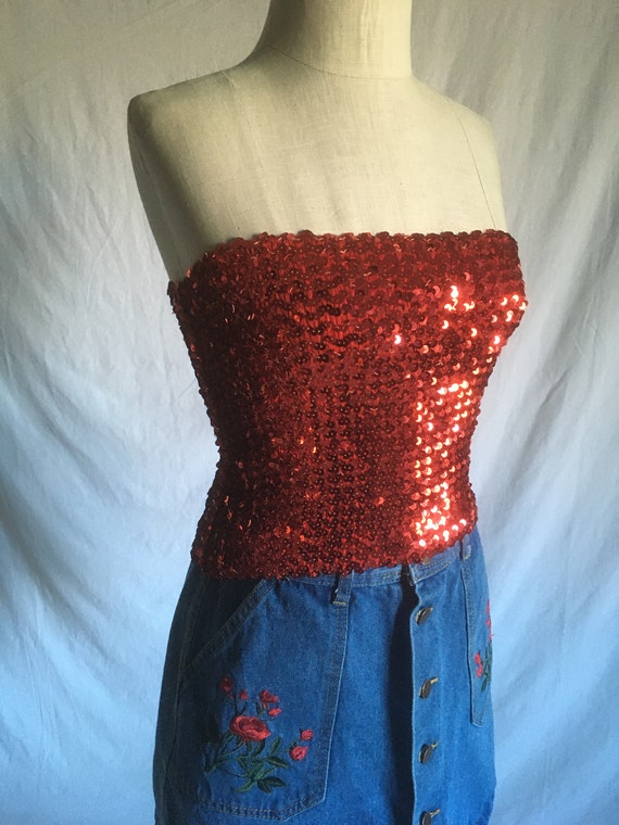 vintage 70s red sequin tube top 1970s fashion dis… - image 1