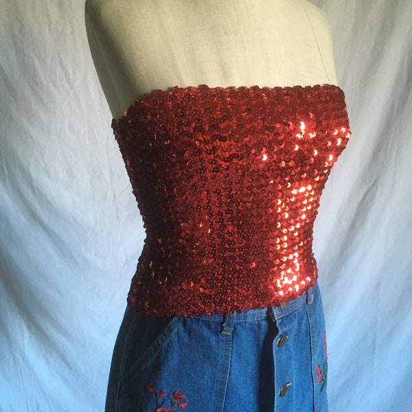 vintage 70s red sequin tube top 1970s fashion disco style roller skater glam rock gogo dance handmade