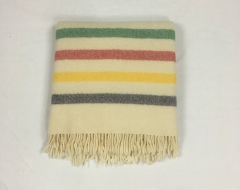 vintage hudsons Bay Co caribou rug HBC wool multi color striped wool throw blanket made in england 44 x 61