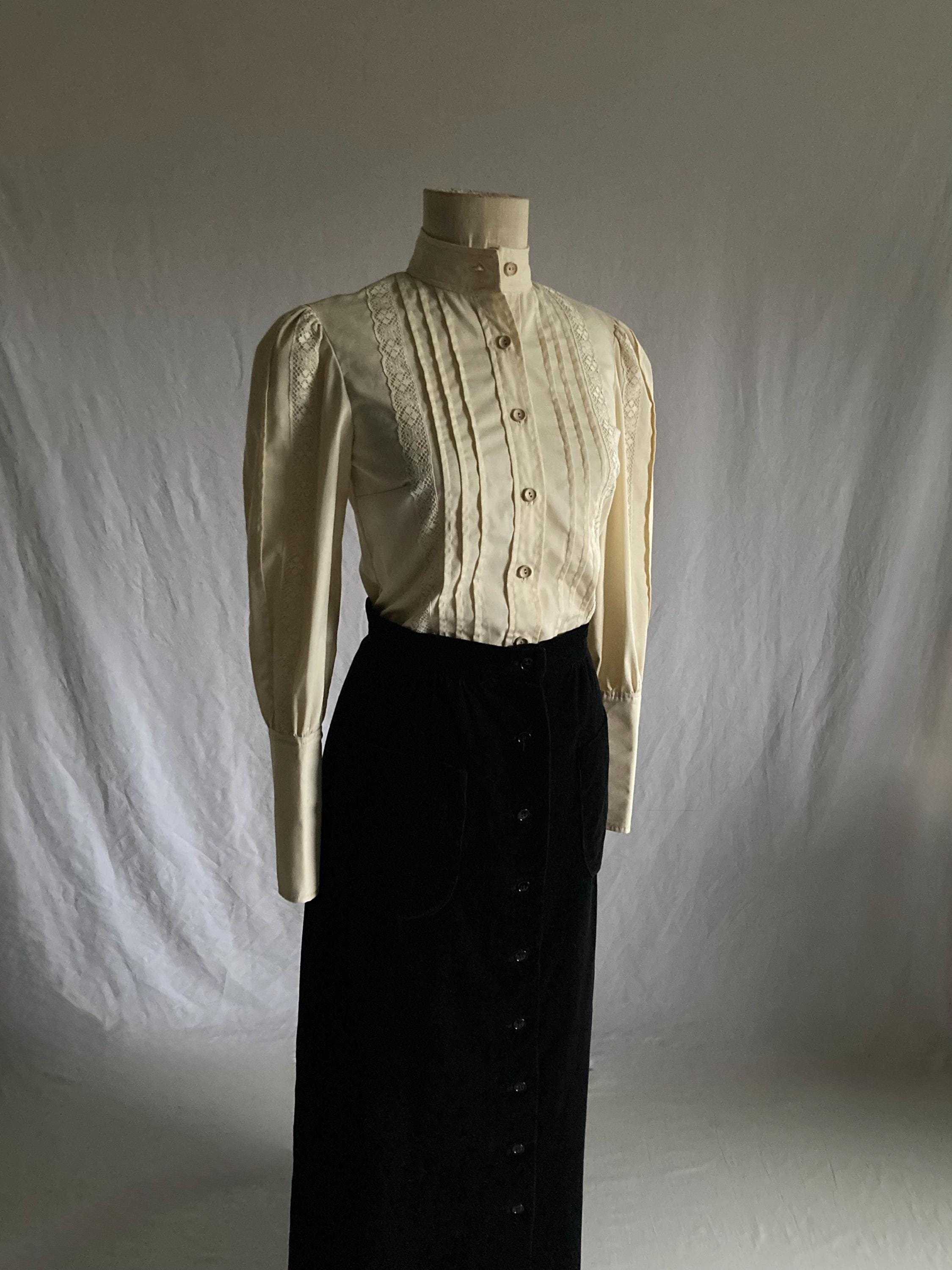 Vintage 70s Pin Tuck Blouse Lace Trim High Neck Puff Sleeve Mutton 