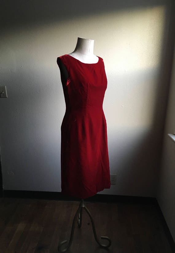 vintage 60s red velvet zip up back boat neck slee… - image 1