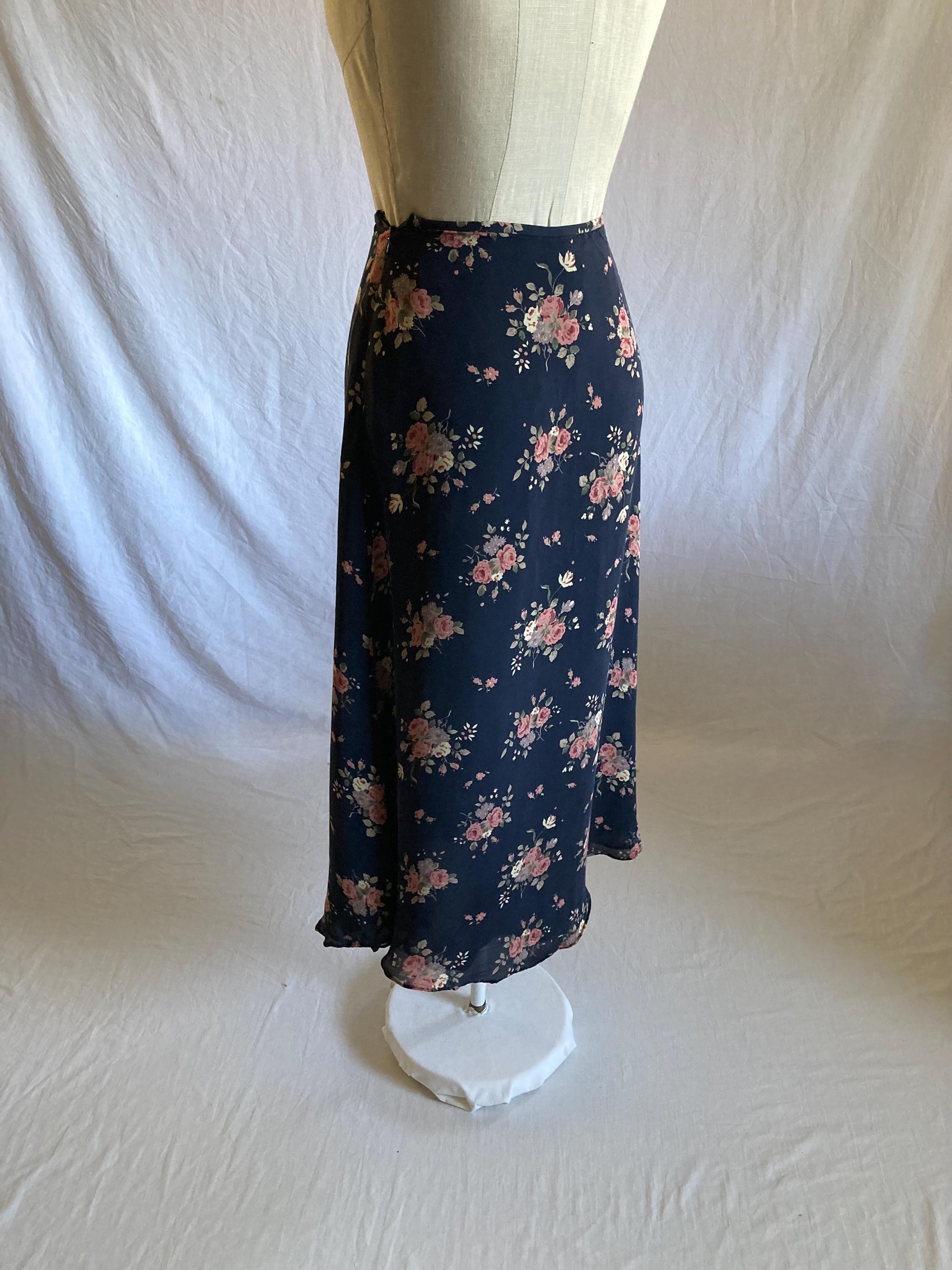 Vintage 90s Silk Maxi Skirt Ralph Lauren Side Zip Waist 23 Floral