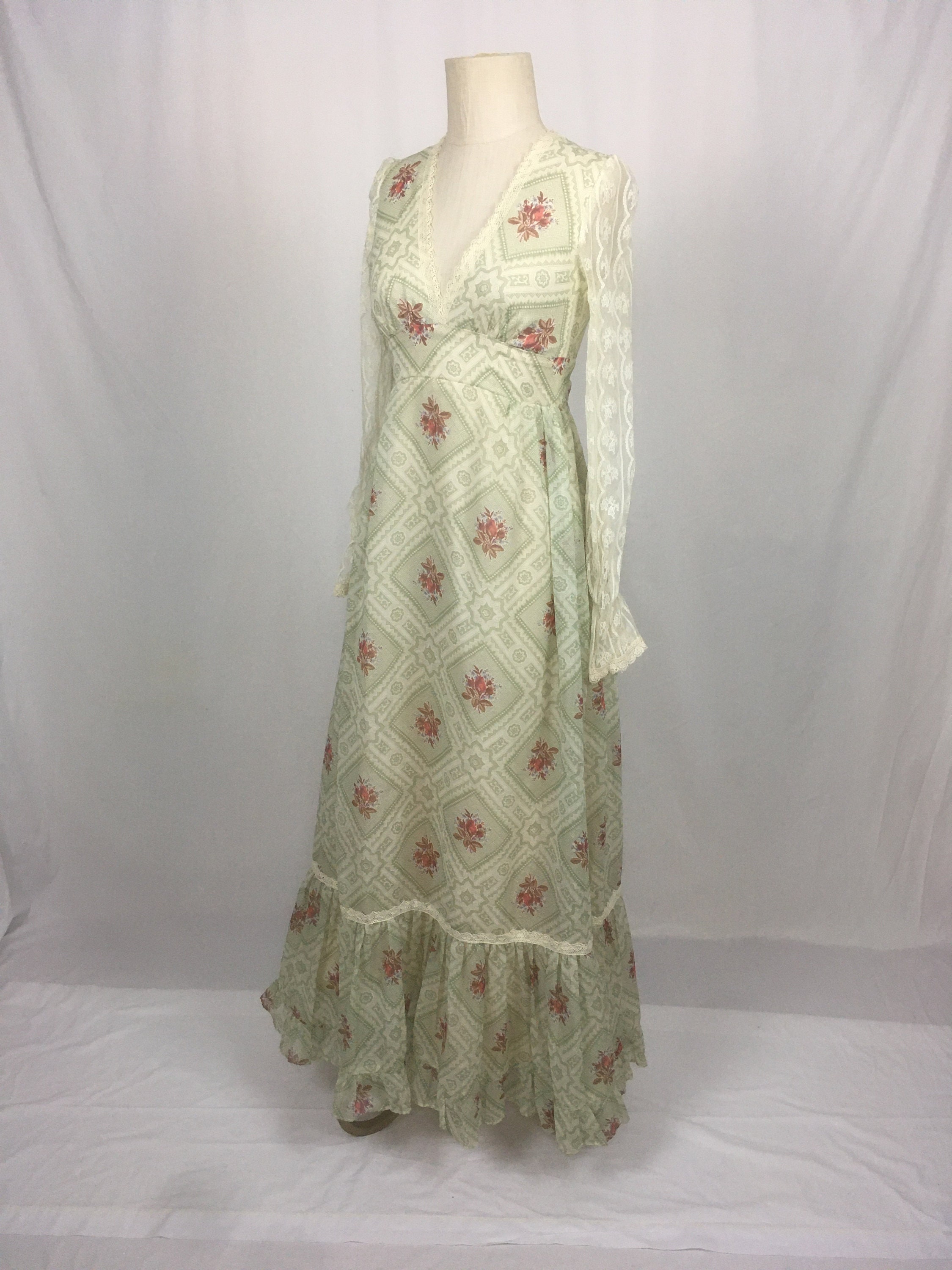 Vintage 70s Gunne Sax by Jessica Dress Maxi Voile V Neck Long Sleeve ...