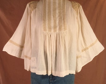 vintage 70s vercellino womens natural white cotton angel wing crochet lace hippie boho blouse made in mexico