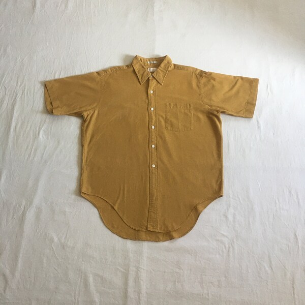 vintage 50s mens camp shirt mustard readgate Robinsons cotton poplin short sleeve button up woven in Switzerland 1950s mcm fashion