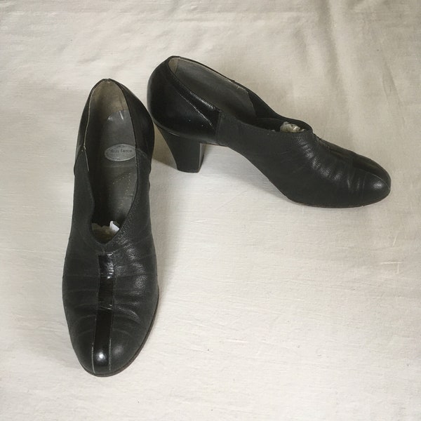 vintae 40s womens black leather 3 inch oxford slip on high heels 1940s footwear ladies shoes