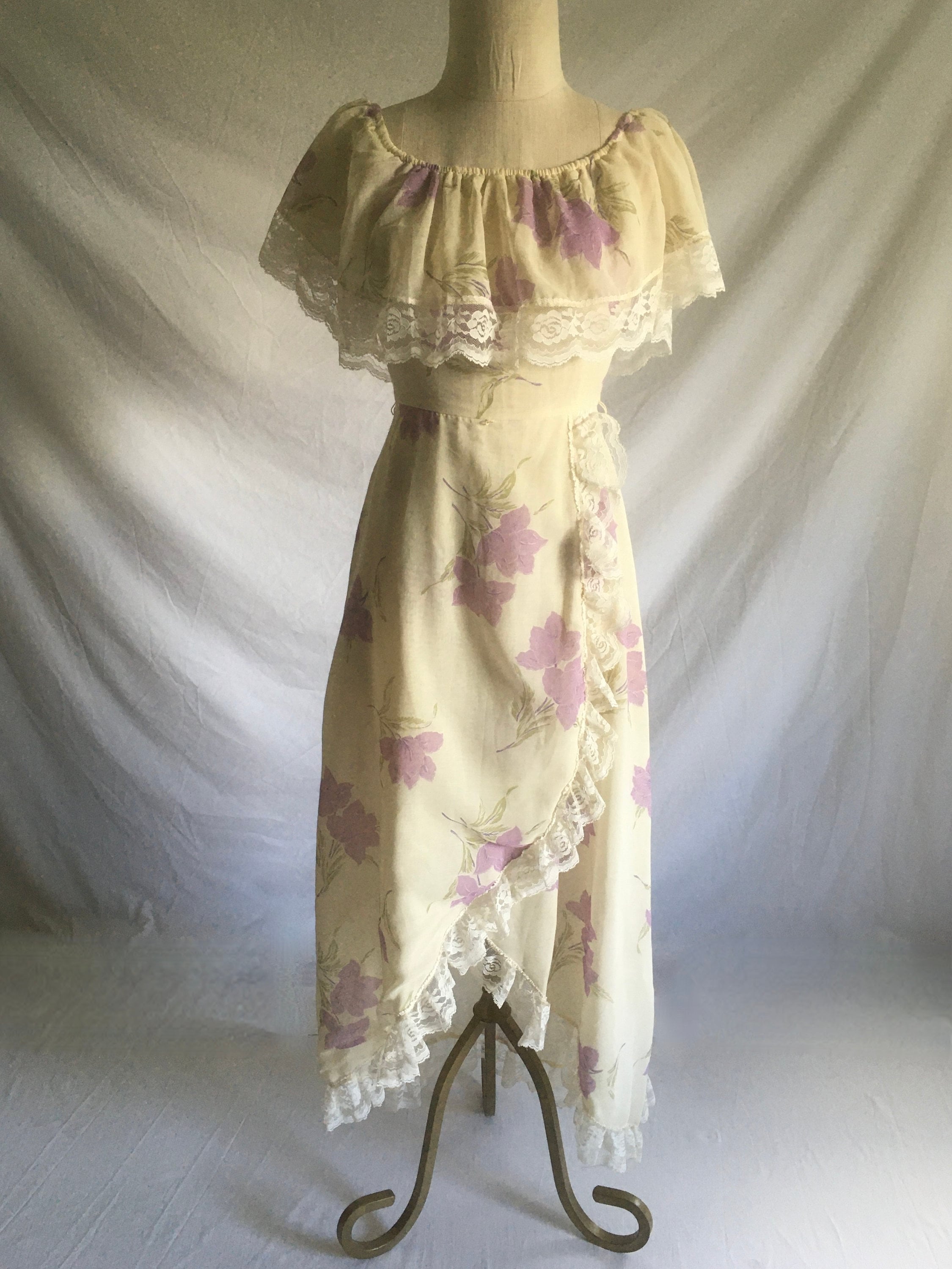 Vintage 70s Boho Maxi Dress Floral Gauze Lace Ruffle Zip up Back ...