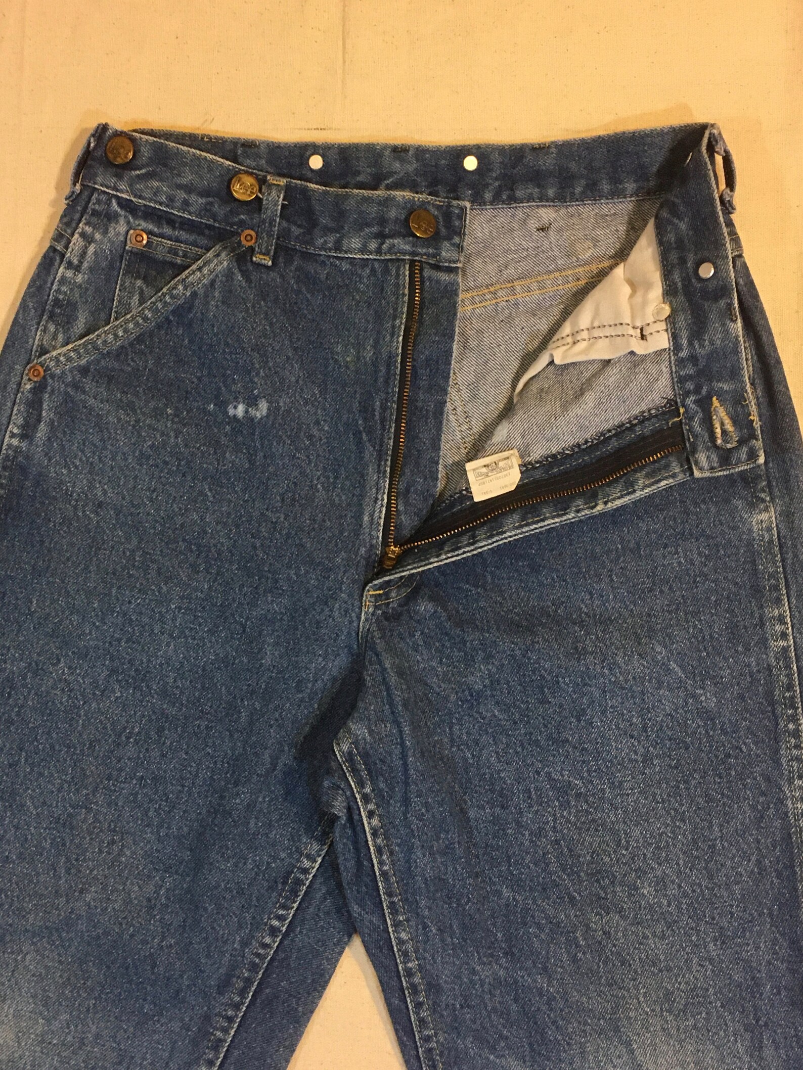 Vintage Lee leather patch suspender friendly logger blue jeans | Etsy