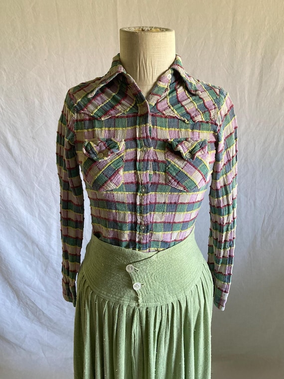 vintage 70s patchwork button up collared chevron … - image 1