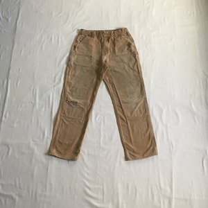 vintage carhartt b136 brown duck canvas loose original fit double knee dungaree work pants made in mexico 32 33