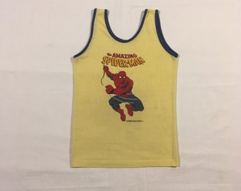 vintage 70s the amazing marvel comics group spiderman 1977 yellow tank top shirt kids medium 10-12