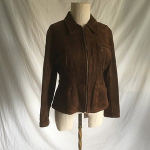 vintage 30s half belt back pin pleat side cinch brown suede leather womens zip up jacket