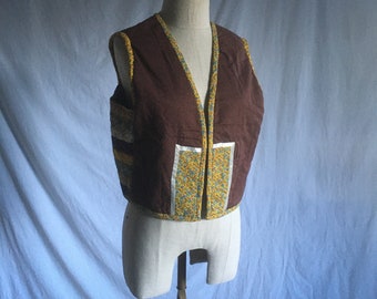 vintage 70s handmade patchwork quilt calico polka dot vest 1970s hippie boho fashion
