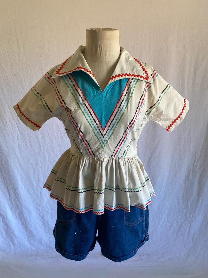 vintage 40s handmade blouse side zip peplum fiesta western rockabilly polka ric rac image 3