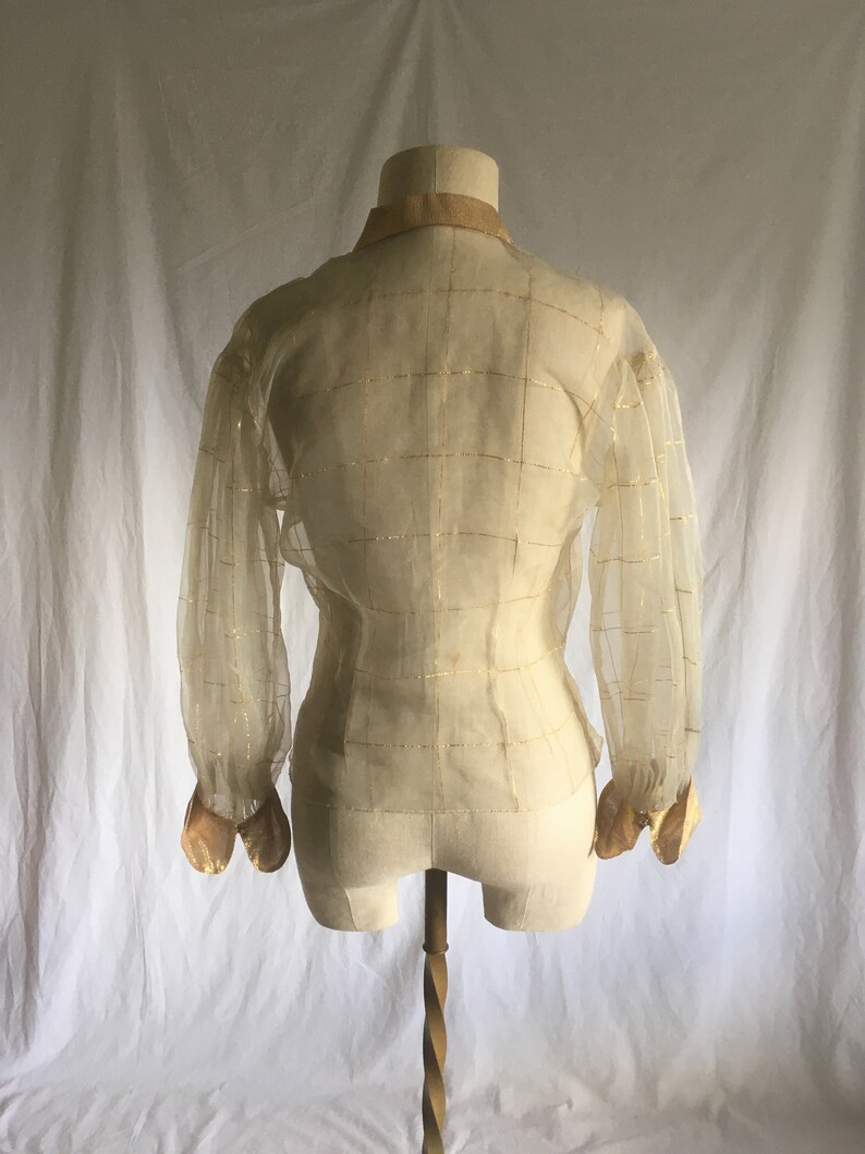 May include: A sheer, ivory-colored blouse with gold thread detailing. The blouse has a fitted bodice and long sleeves with gathered cuffs.