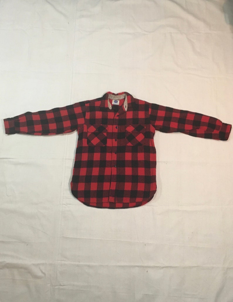 vintage 60s pilgrim sears roebuck red black rob roy buffalo plaid wool concave button gusset hem outdoor shirt image 1