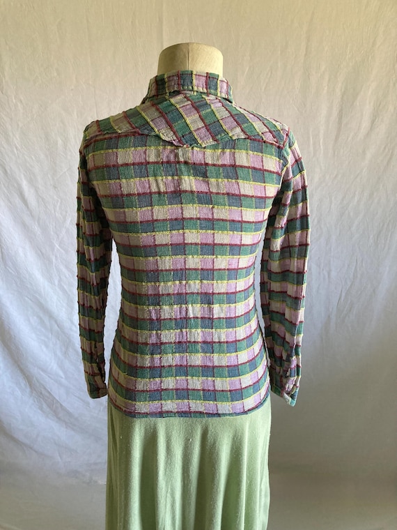 vintage 70s patchwork button up collared chevron … - image 6