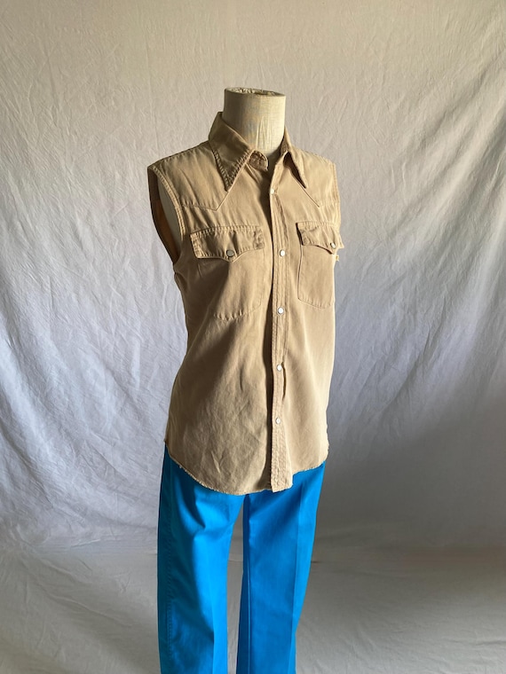 vintage the a gold event AG tan khaki western shirt adriano goldschmied chevron yolk pearl snap sleeveless gathered back link style made usa