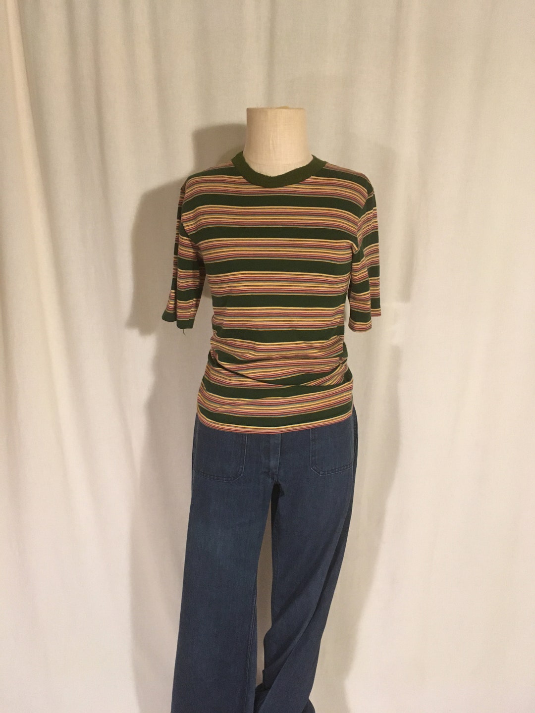 Vintage 60s 909 Collection Cotton Striped High Neck Green - Etsy