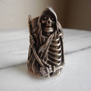 vintage 80s 1986 g & s silver grim reaper skull and sickle ring size 9 made in usa