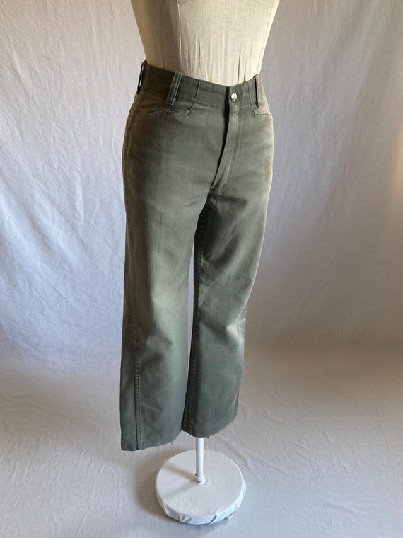 Vintage 70s Ben Davis Work Pants Zip Fly Snap Waist 26 Faded Green