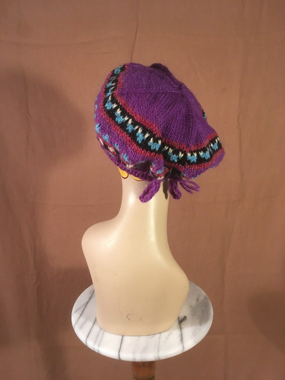 vintage handknit purple red blue black pink beret… - image 4