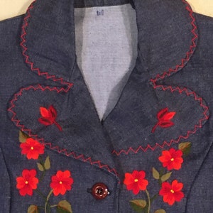 vintage 70s handmade dark wash denim embroidered floral blazer jean jacket image 3