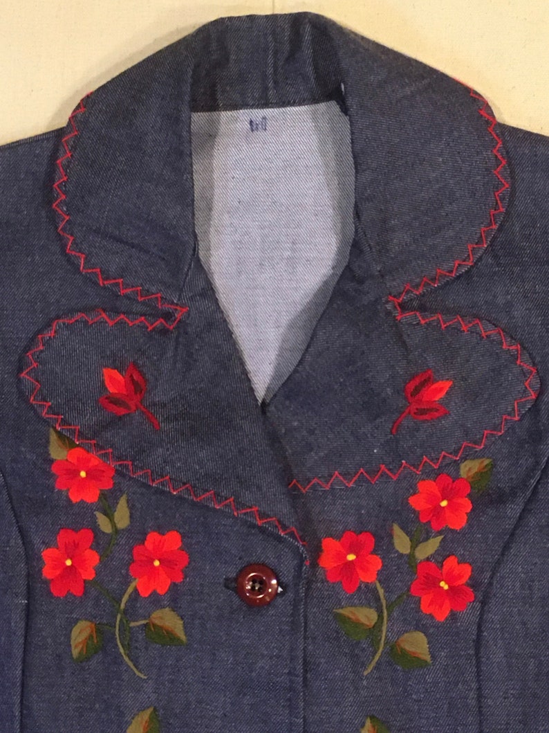 vintage 70s handmade dark wash denim embroidered floral blazer jean jacket image 3