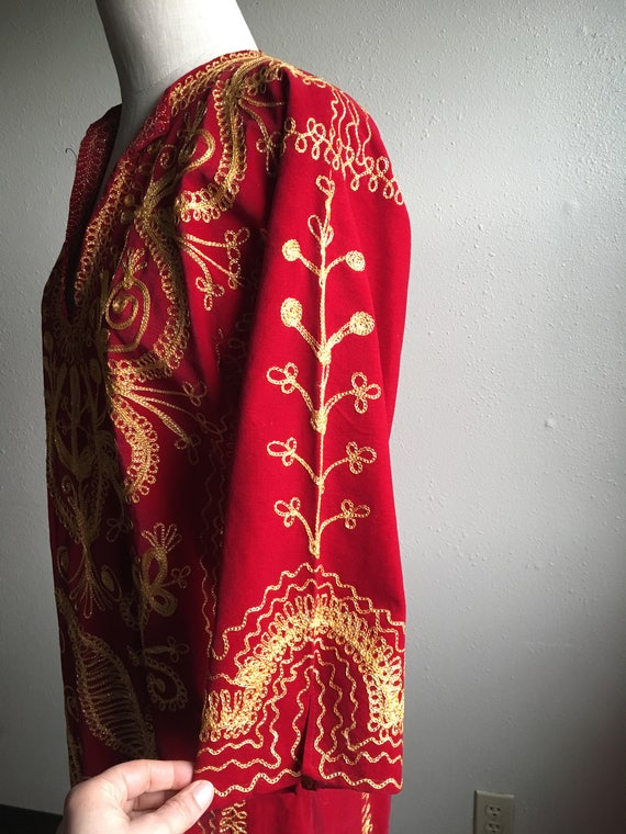 vintage 70s handmade dashiki red velvet gold sout… - image 4