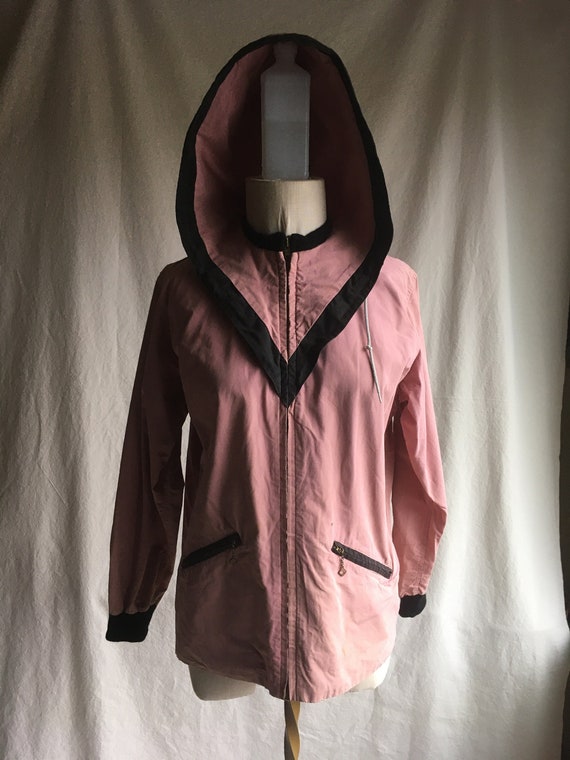 vintage 50s womens cotton hooded pink and black zi
