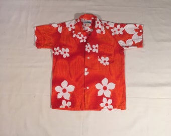 vintage 60s mens barkcloth penneys hawaii GVH floral print orange tropical tiki lounge camp luaua Aloha shirt xs/s