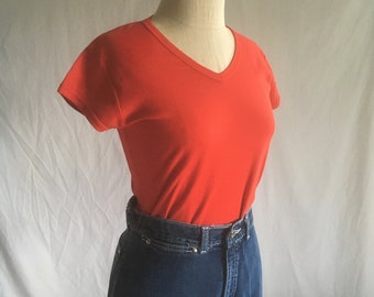 vintage 70er Jahre Damen T Shirt rot V Ausschnitt Flügelärmel 1970er Jahre Mode