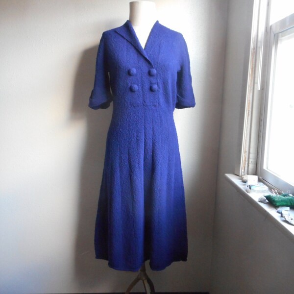 vintage 40s handmade blue knit double button shirt dress