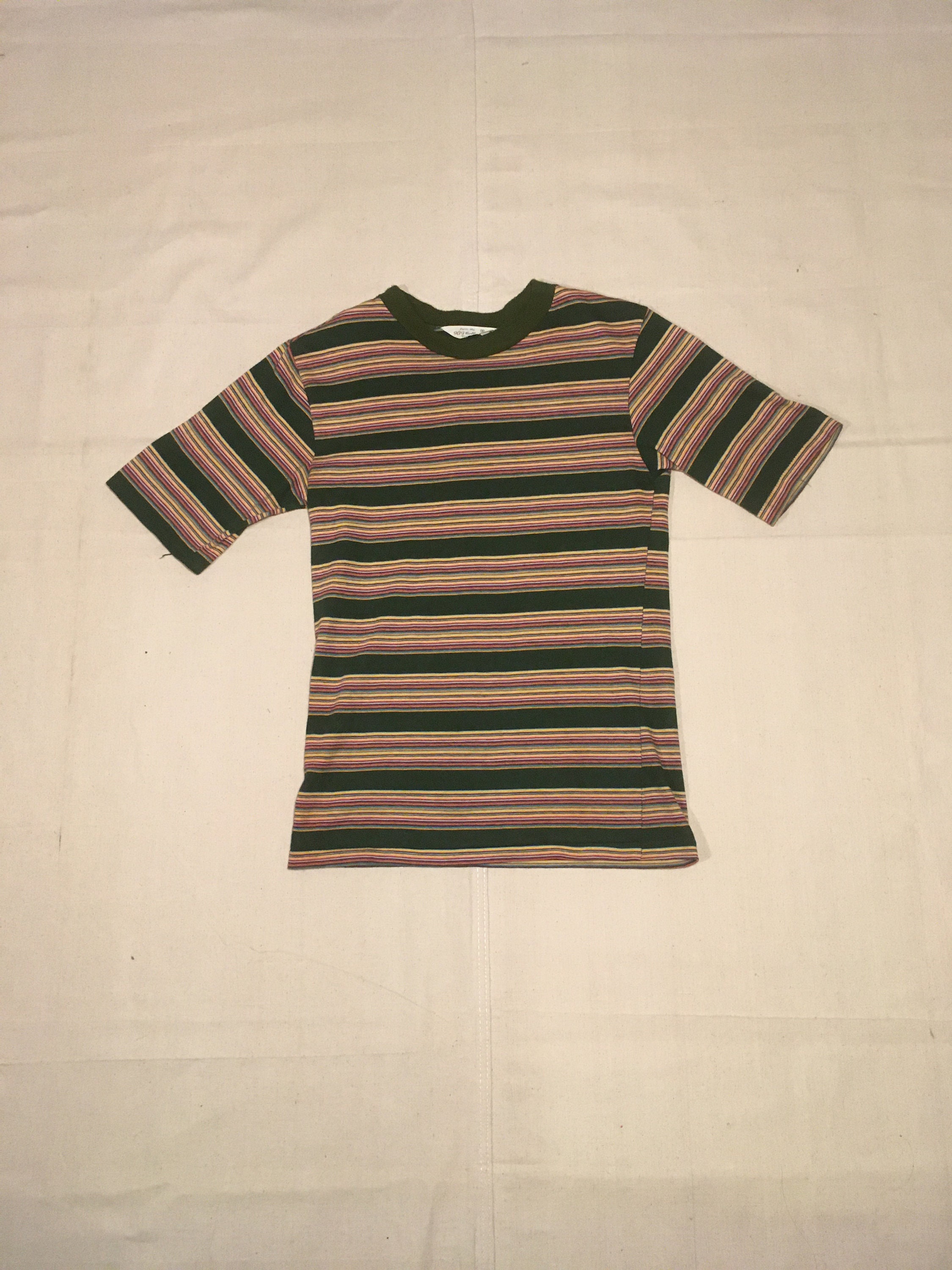 Vintage 60s 909 Collection Cotton Striped High Neck Green Ringer