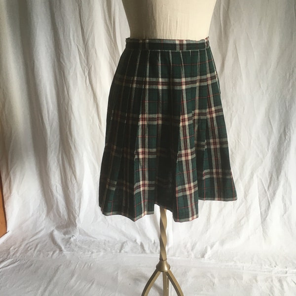vintage années 50 côté zip vert plaid laine couteau pli mini jupe écossais irlandais kilt taille 27 années 1950 style uniforme scolaire preppy