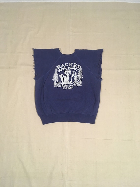Vintage 60s Blue Raglan Sweatshirt Cut off Sleeves Naches School