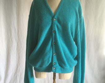 vintage 60s arnold palmer alpaca wool blend cardigan grunge kurt fuzzy sweater robert bruce 1960s preppy golf turquoise blue made in usa