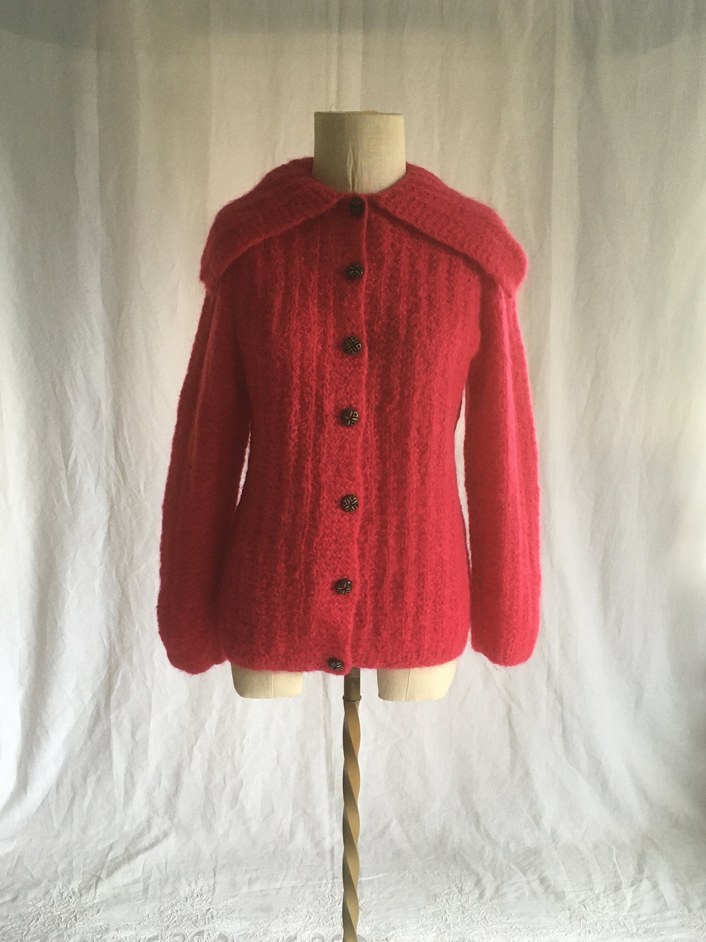 Vintage 50s Mohair Cardigan Fuzzy Wool Fuchsia Pink Sweater